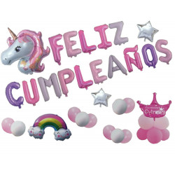 Set de Globos Mylar 38 Pcs "Unicornio, Feliz Cumpleaños, Corona de Princesa, Arcoiris y Mucho Más"