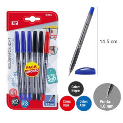 Set 6 bolígrafos soft 1.0mm. Azul, negro y rojo