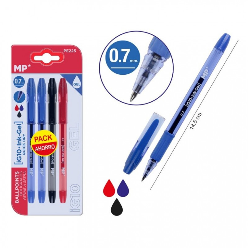 Pack ahorro 4 bolígrafos de gel ballpoint 0.7 mm - Azul, rojo y