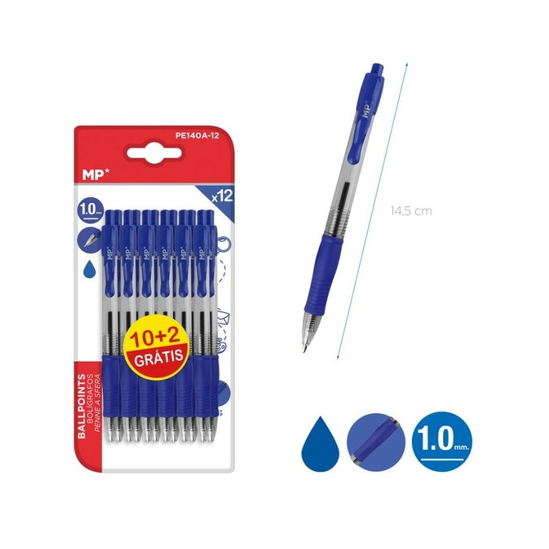 Pack 12 bolígrafos azules ballpoint 1.00 mm - 10 + 2 gratis