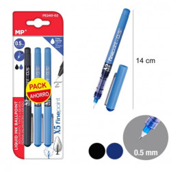 Pack de 3 Bolígrafos de Tinta Líquida con Punta de Aguja de 0.5 mm - 2 azul, 1 negro