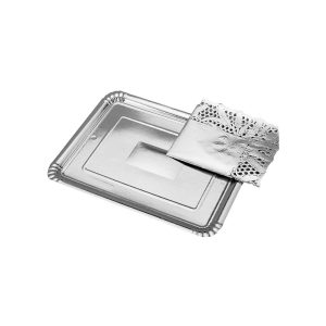 Bandeja cartón con blonda rectangular plata 34x42 cm Maxi 1ud
